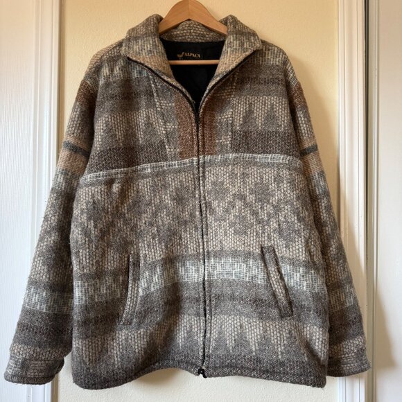 Alpaca Wool Jacket Cusco Peru Geometric Pattern Full Zip Warm Size L - Picture 1 of 8